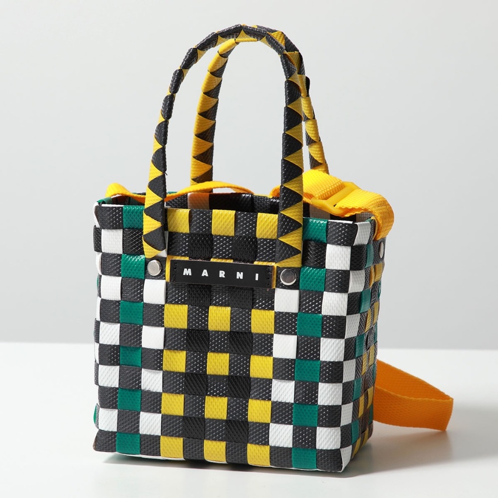 MARNI Basket Bag Leather Logo Tag Black Green Yellow NWT